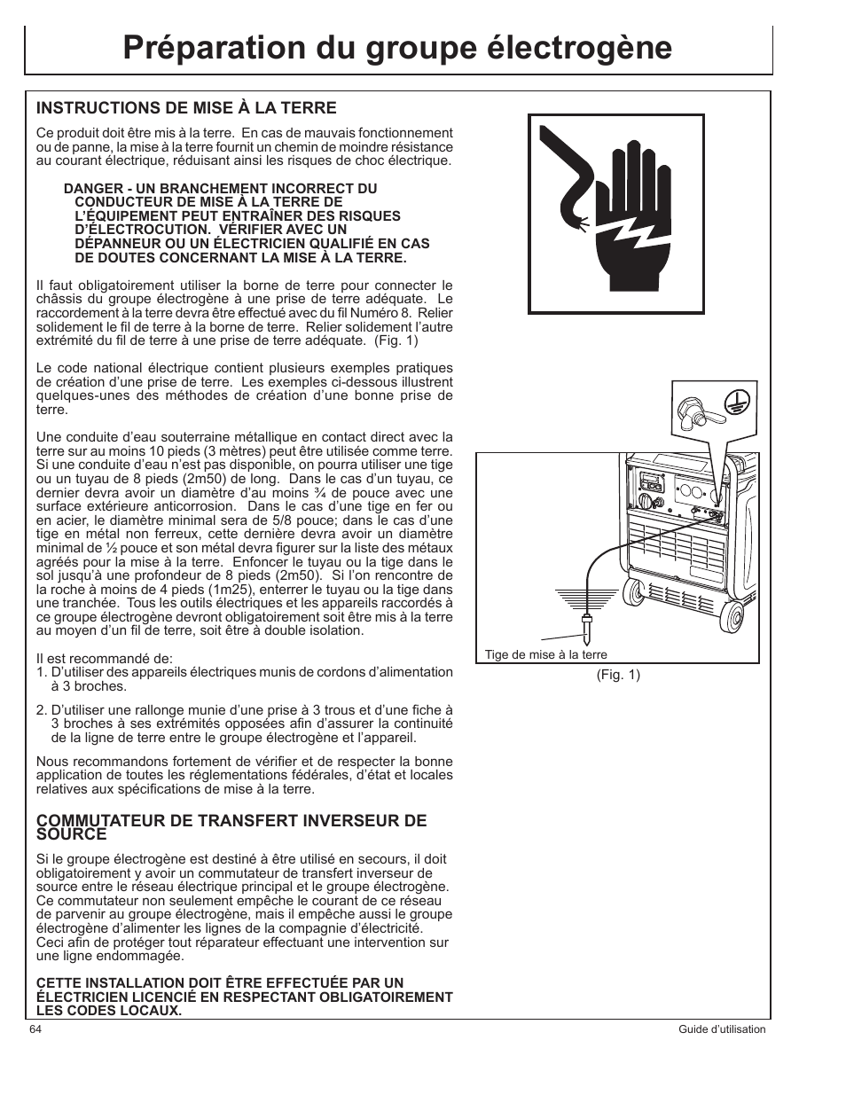 Préparation du groupe électrogène | John Deere AC-G3200i User Manual | Page 64 / 132