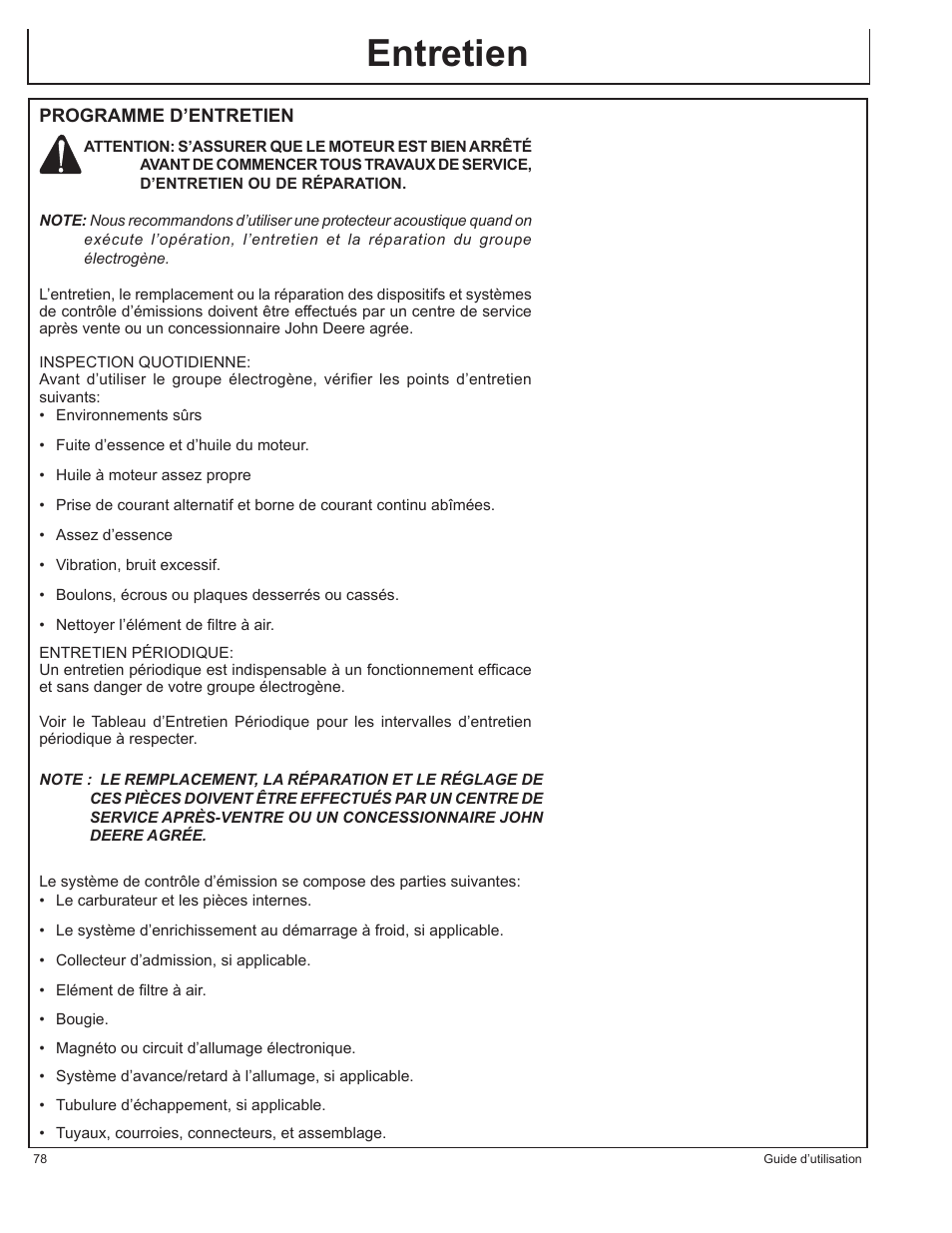 Entretien | John Deere AC-G3200i User Manual | Page 78 / 132