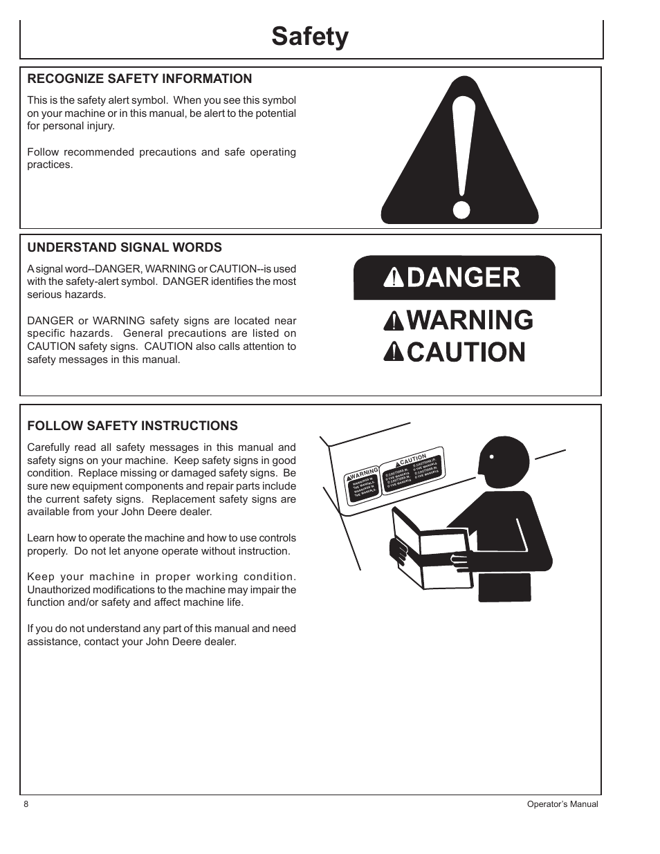 Safety, Recognize safety information, Understand signal words | Follow safety instructions, 8operator’s manual | John Deere AC-G3200i User Manual | Page 8 / 132
