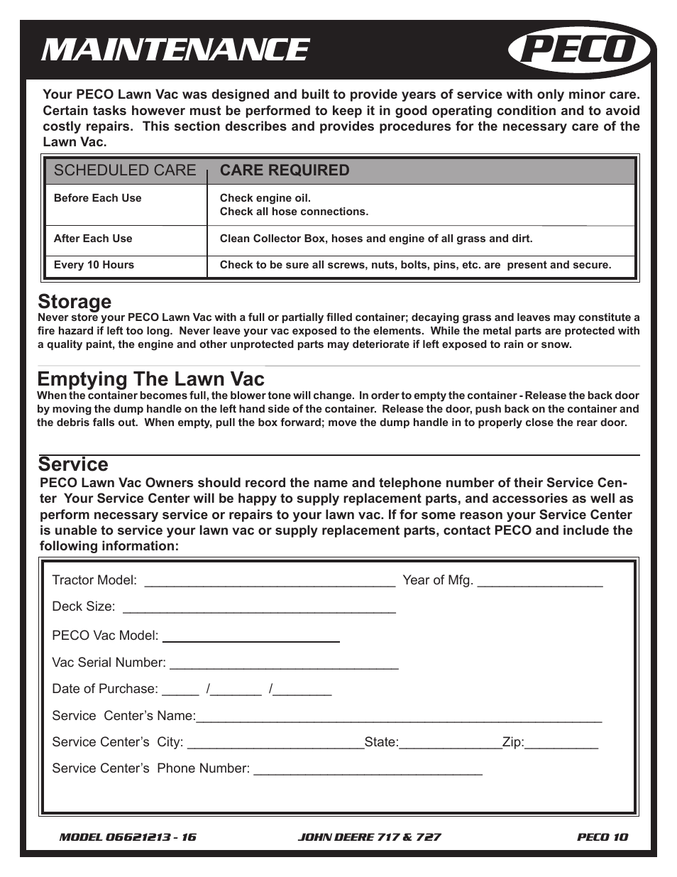 Peco, Maintenance, Service | Storage, Emptying the lawn vac, Ab e f f | John Deere 727 Z-TRAK User Manual | Page 10 / 12