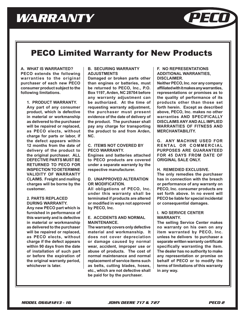 Peco, Warranty, Peco limited warranty for new products | John Deere 727 Z-TRAK User Manual | Page 2 / 12