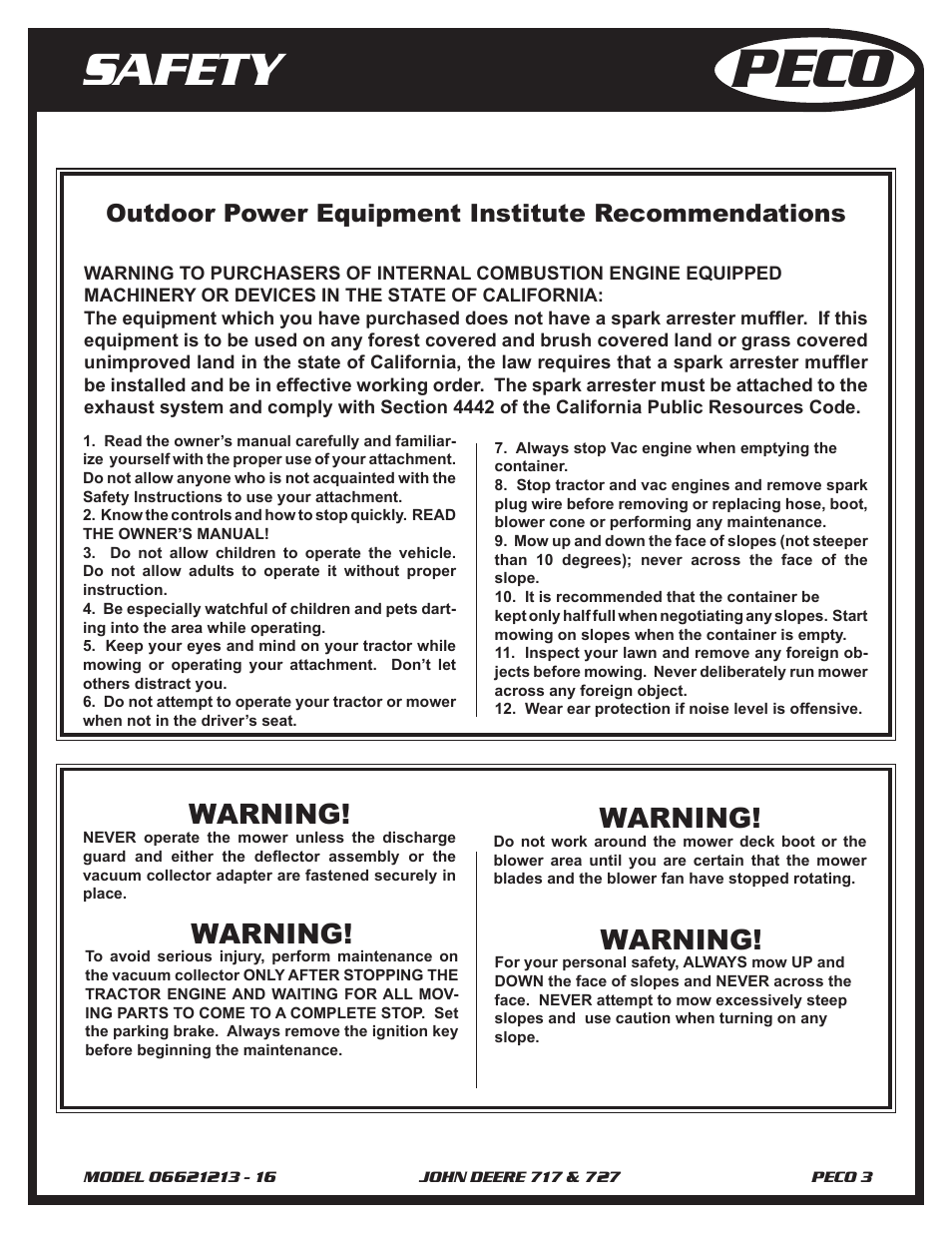 Peco, Safety, Warning | Outdoor power equipment institute recommendations | John Deere 727 Z-TRAK User Manual | Page 3 / 12