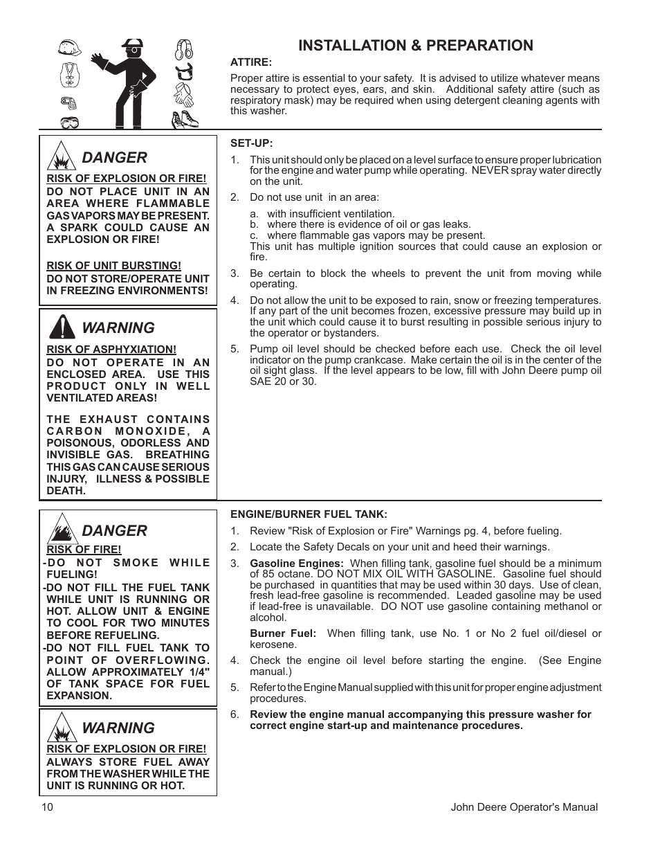 Installation & preparation, Warning, Danger | John Deere WASHERS AC-3500GHH User Manual | Page 10 / 78