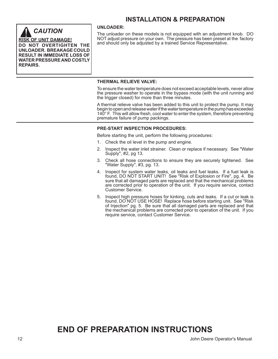 End of preparation instructions, Installation & preparation, Caution | John Deere WASHERS AC-3500GHH User Manual | Page 12 / 78