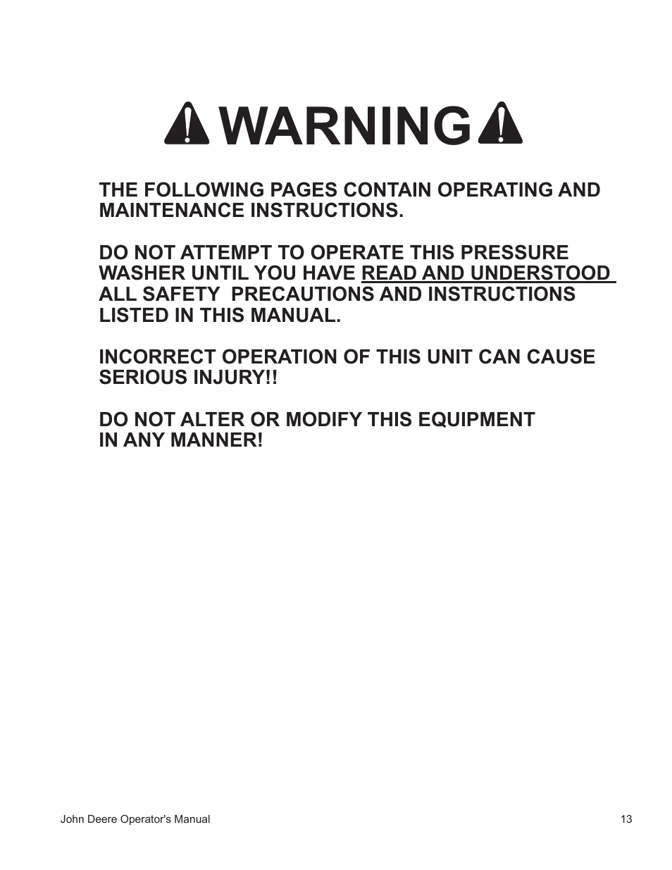 Warning | John Deere WASHERS AC-3500GHH User Manual | Page 13 / 78