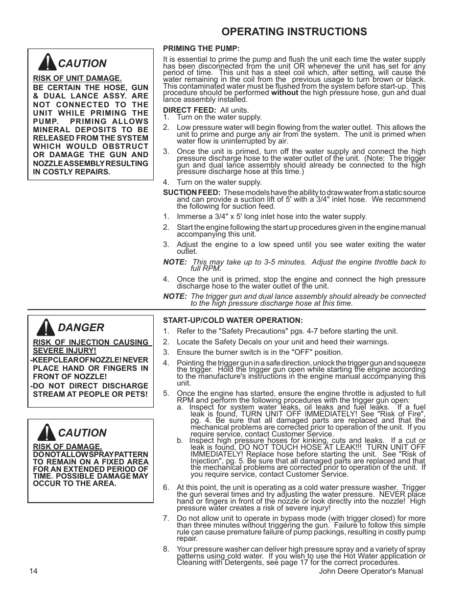 Danger, Caution, Operating instructions | John Deere WASHERS AC-3500GHH User Manual | Page 14 / 78