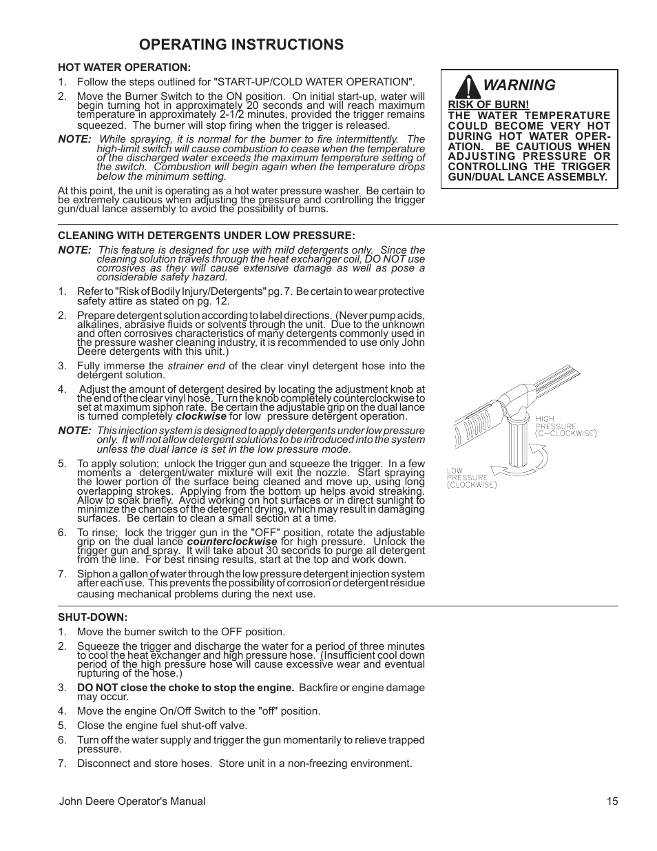Operating instructions, Warning | John Deere WASHERS AC-3500GHH User Manual | Page 15 / 78