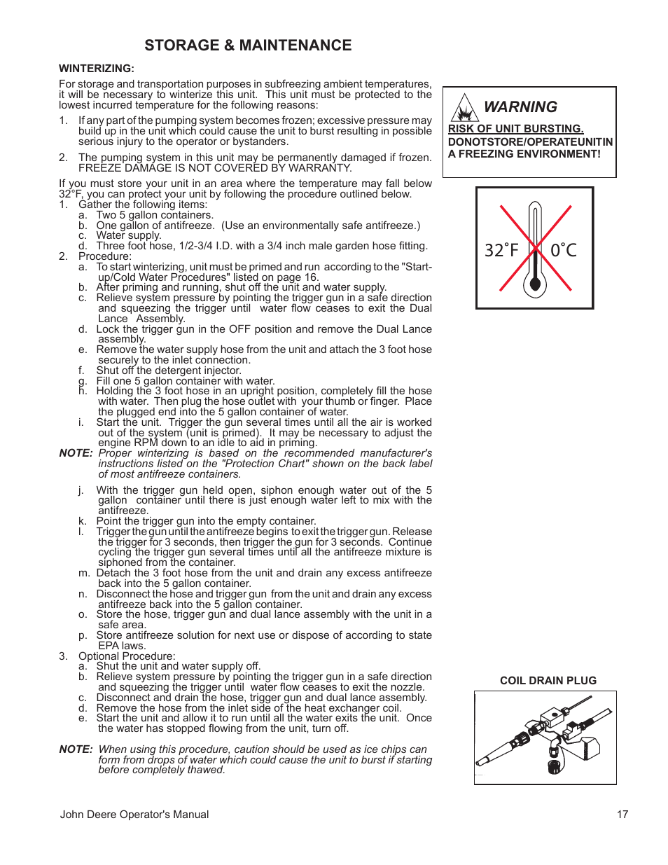 32˚f 0˚c, Storage & maintenance warning | John Deere WASHERS AC-3500GHH User Manual | Page 17 / 78