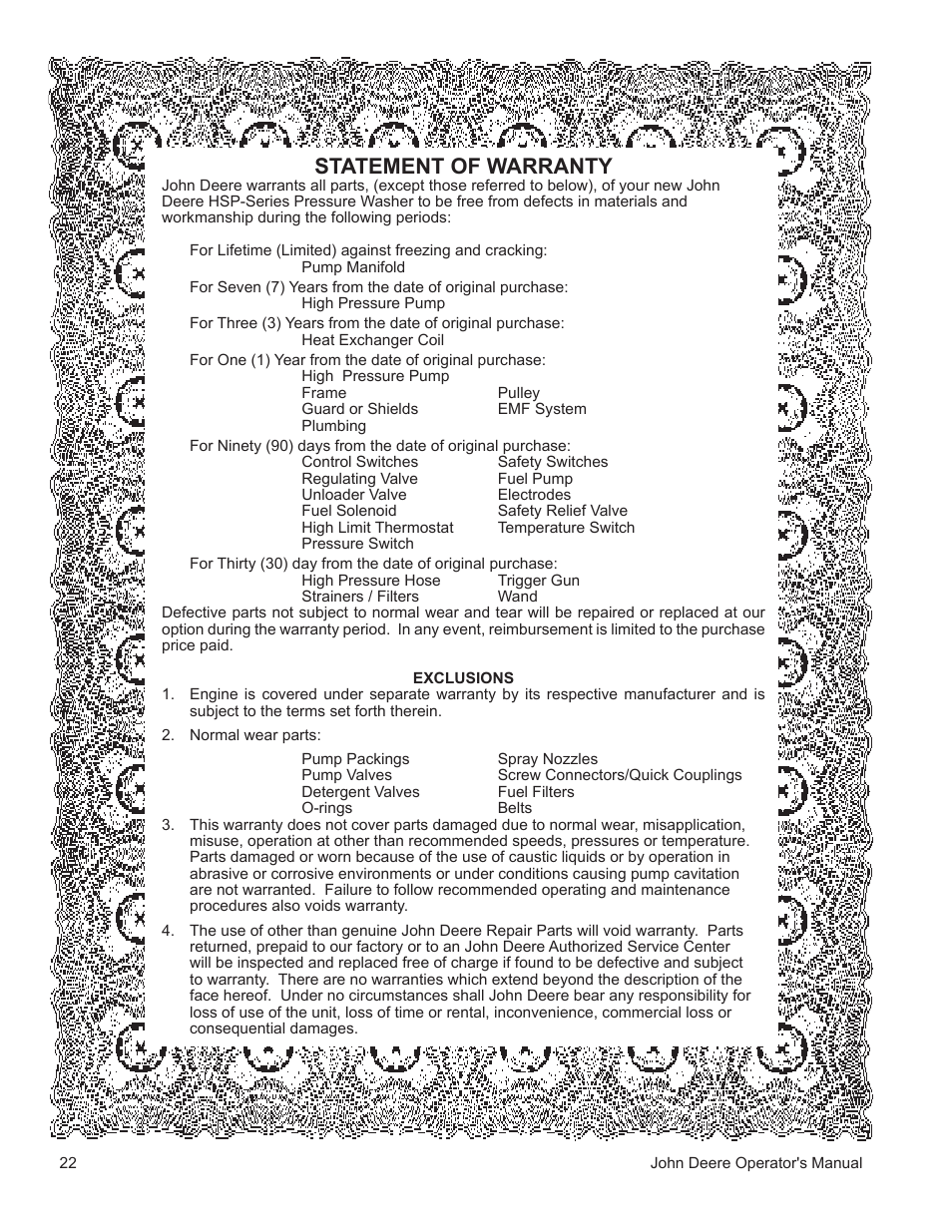 Statement of warranty | John Deere WASHERS AC-3500GHH User Manual | Page 22 / 78