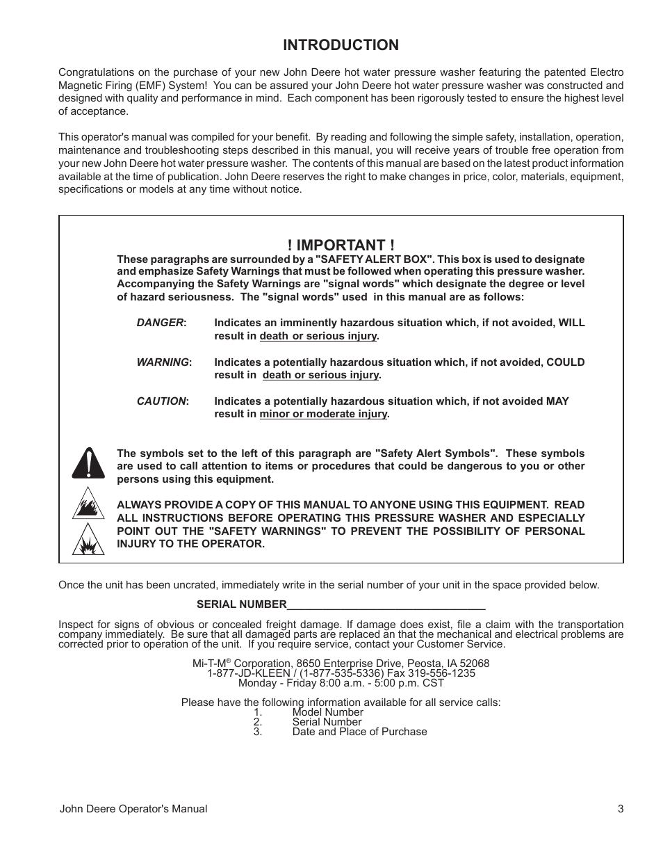 Introduction, Important | John Deere WASHERS AC-3500GHH User Manual | Page 3 / 78