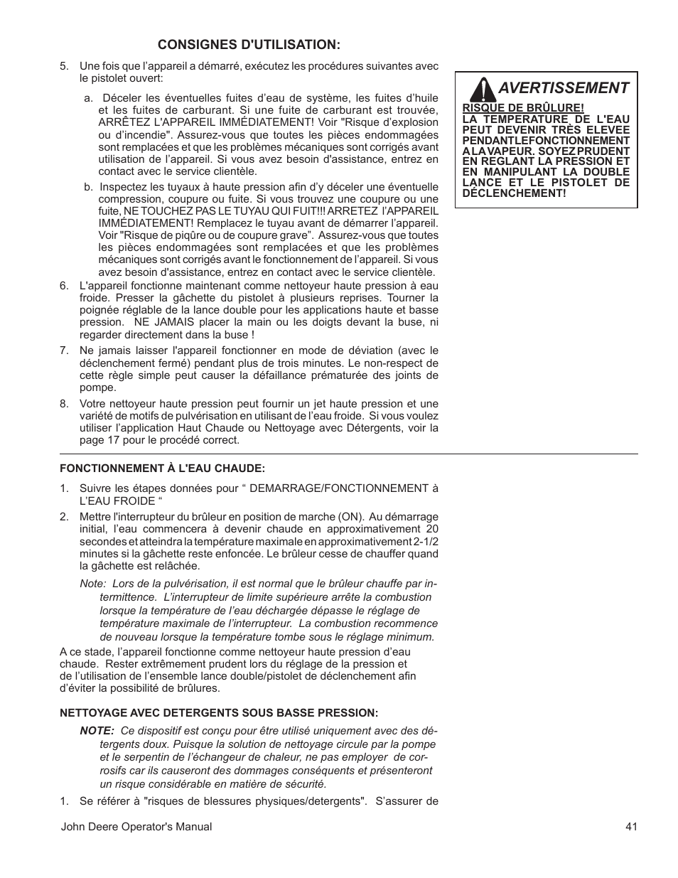 Avertissement | John Deere WASHERS AC-3500GHH User Manual | Page 41 / 78
