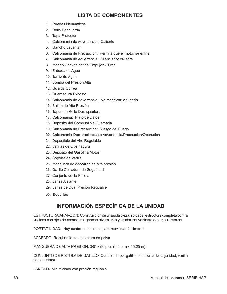 Información específica de la unidad, Lista de componentes | John Deere WASHERS AC-3500GHH User Manual | Page 60 / 78