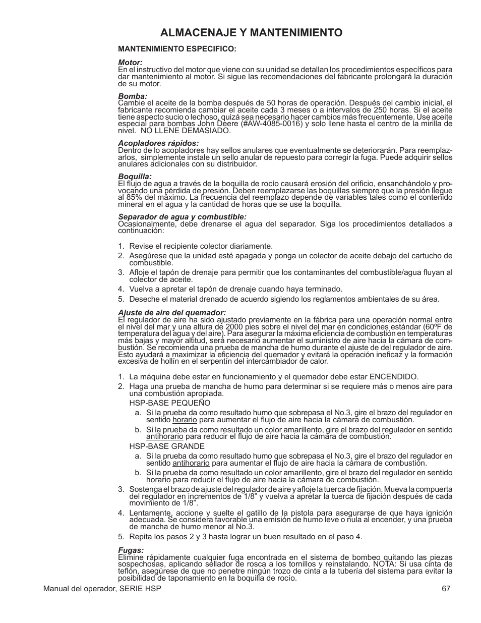 Almacenaje y mantenimiento | John Deere WASHERS AC-3500GHH User Manual | Page 67 / 78