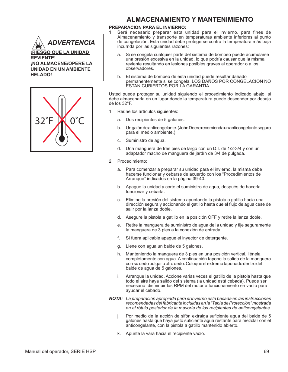 32˚f 0˚c, Almacenamiento y mantenimiento, Advertencia | John Deere WASHERS AC-3500GHH User Manual | Page 69 / 78