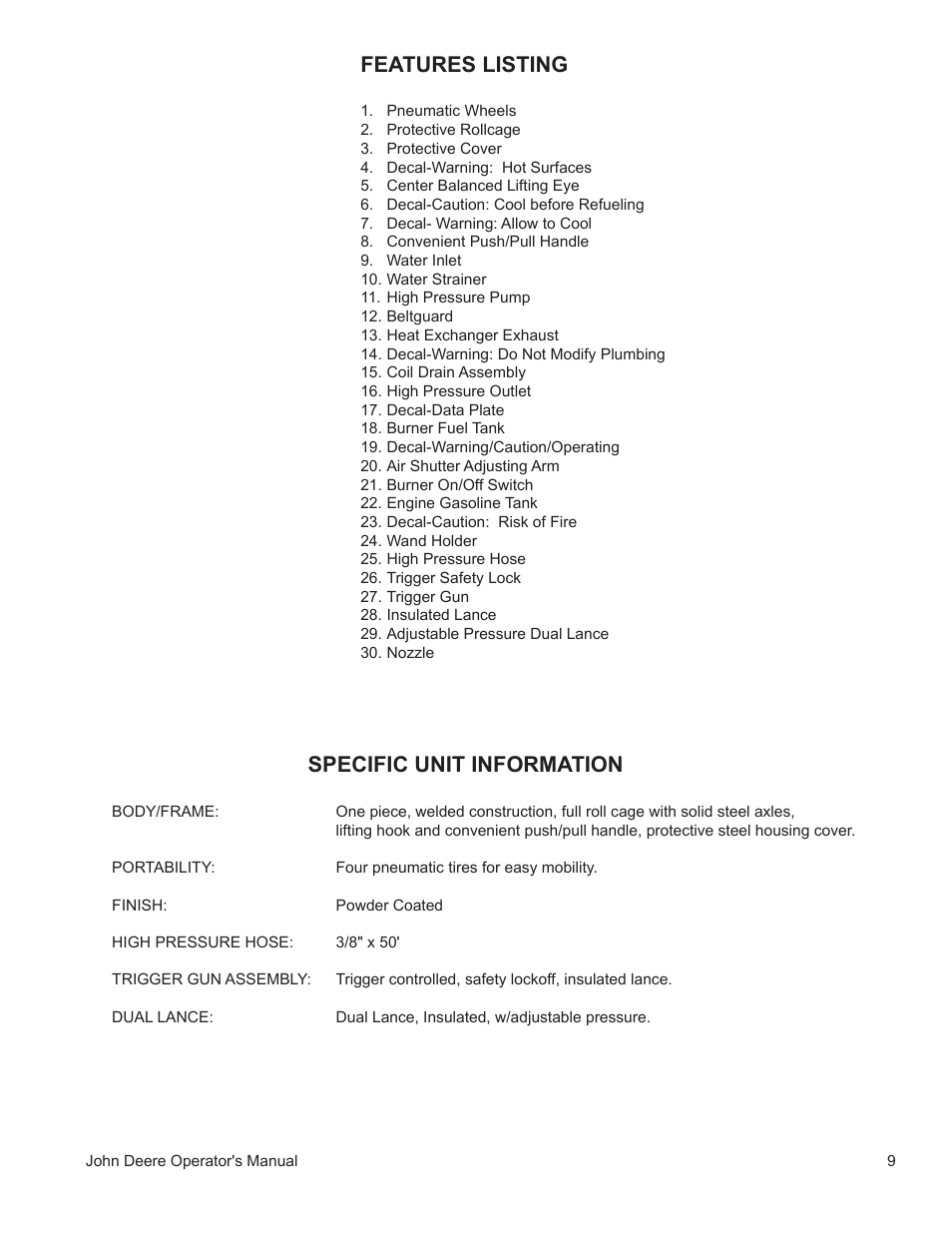 Features listing, Specific unit information | John Deere WASHERS AC-3500GHH User Manual | Page 9 / 78