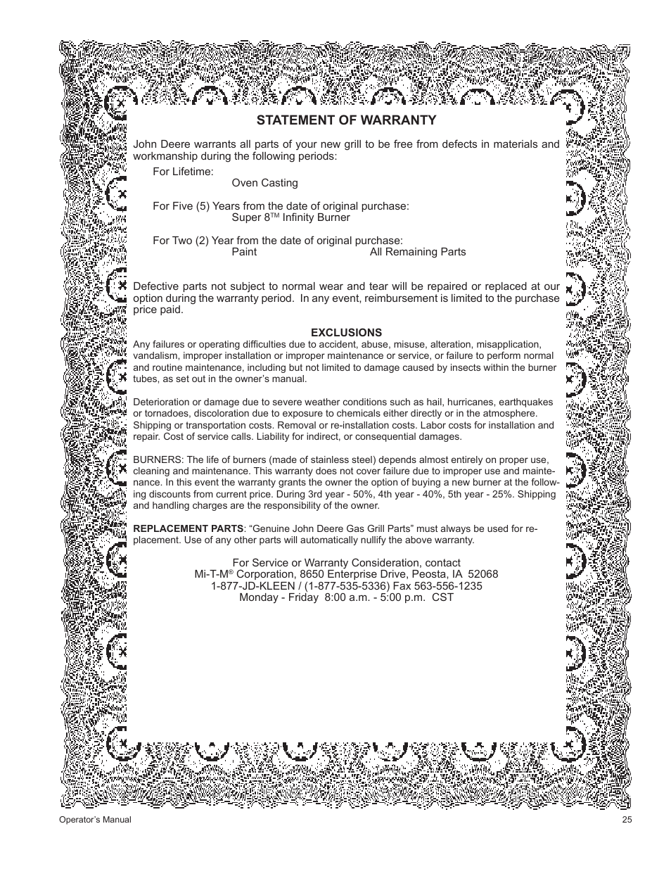 Statement of warranty | John Deere HR-BG5202-NG User Manual | Page 25 / 76