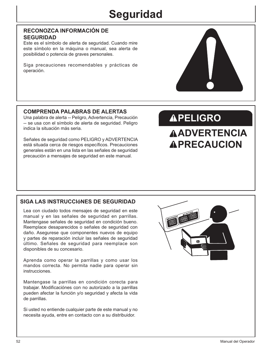 Seguridad, Peligro advertencia precaucion | John Deere HR-BG5202-NG User Manual | Page 52 / 76