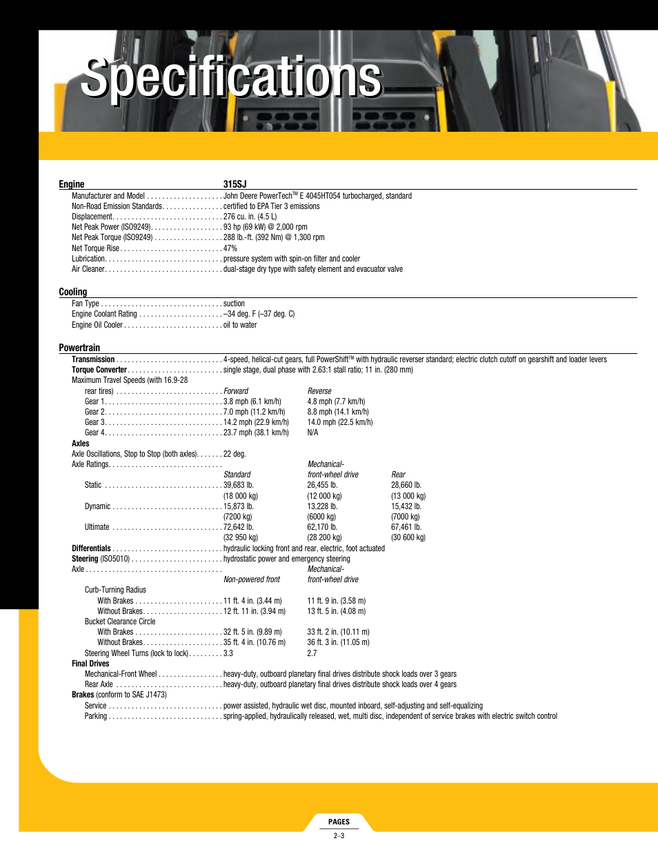Specifications | John Deere 315SJ User Manual | Page 2 / 6