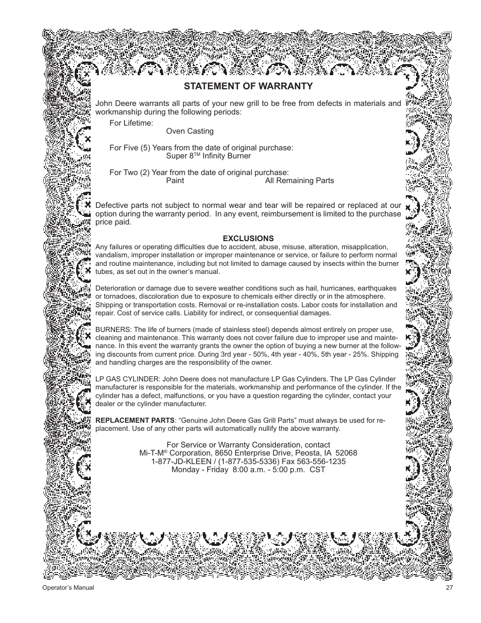 Statement of warranty | John Deere HR-BG5002 User Manual | Page 27 / 80