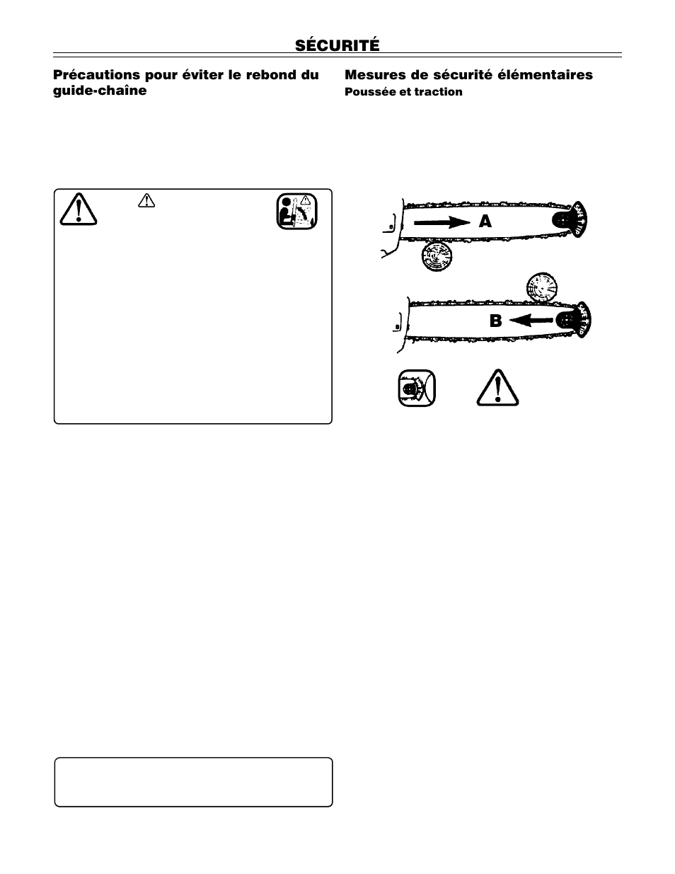 Sécurité, Précautions pour éviter le rebond du guide-chaîne, Mesures de sécurité élémentaires | John Deere PA01186 CS71 User Manual | Page 35 / 92