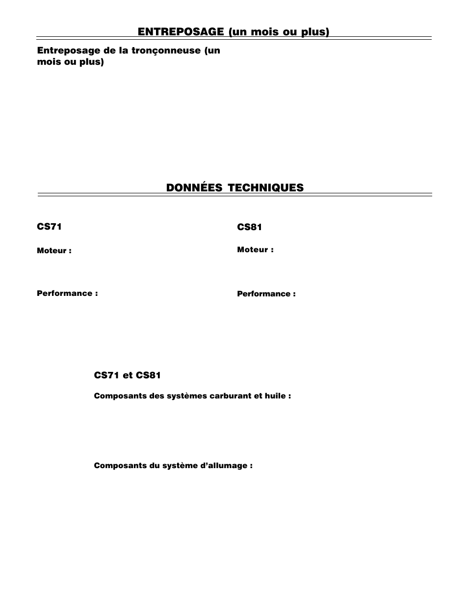 Entreposage (un mois ou plus), Données techniques, Entreposage de la tronçonneuse (un mois ou plus) | Cs71, Cs81, Cs71 et cs81 | John Deere PA01186 CS71 User Manual | Page 56 / 92