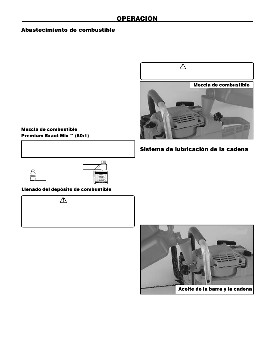 Operación, Abastecimiento de combustible, Sistema de lubricación de la cadena | John Deere PA01186 CS71 User Manual | Page 71 / 92