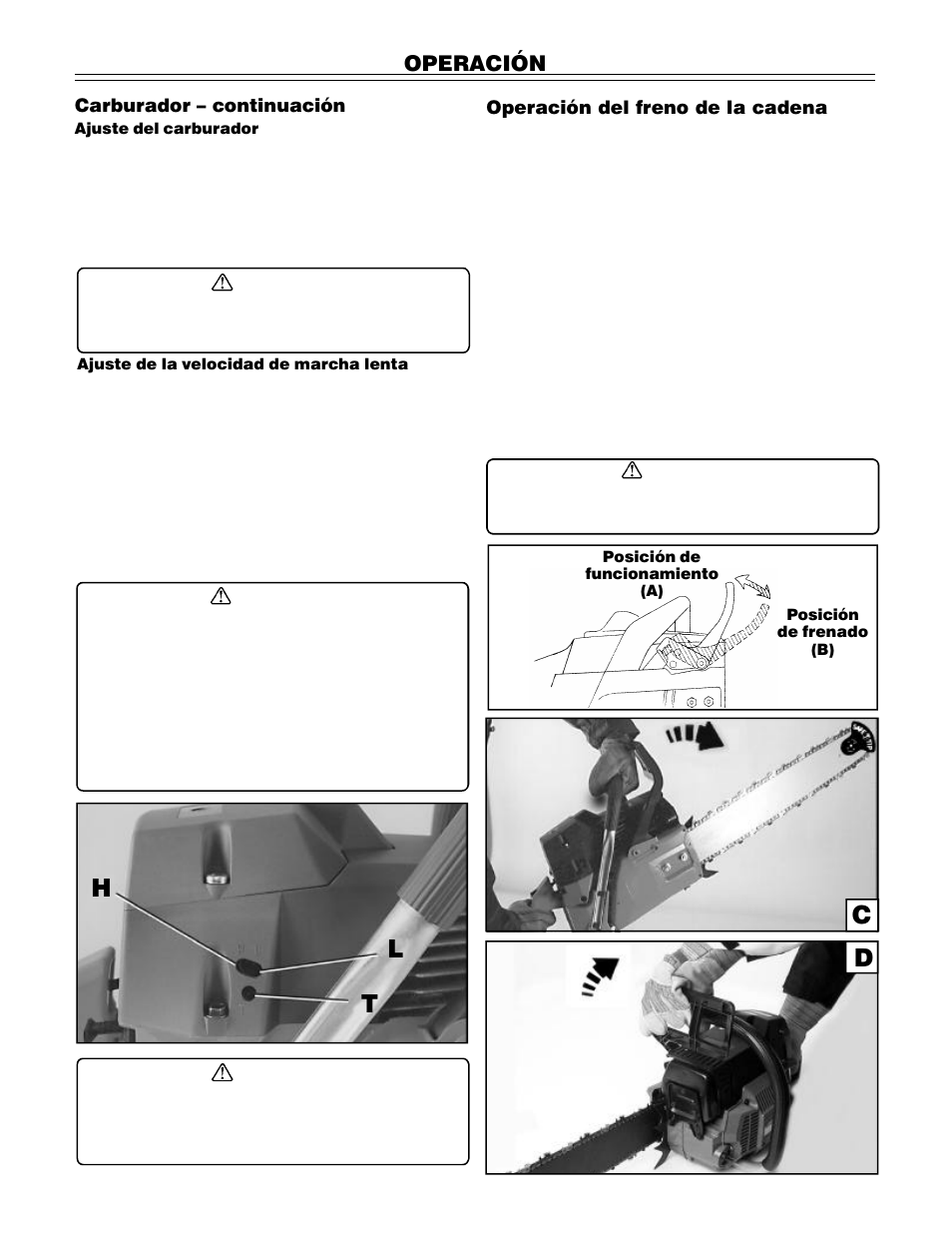 Hl t d c, Operación, Operación del freno de la cadena | Carburador – continuación | John Deere PA01186 CS71 User Manual | Page 73 / 92