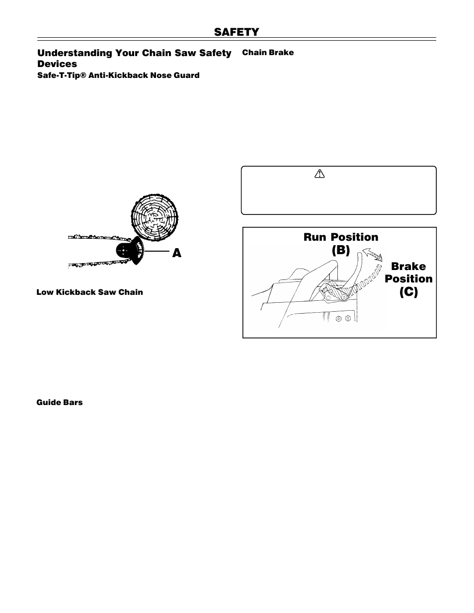 Safety, Run position, Brake position | John Deere PA01186 CS71 User Manual | Page 8 / 92
