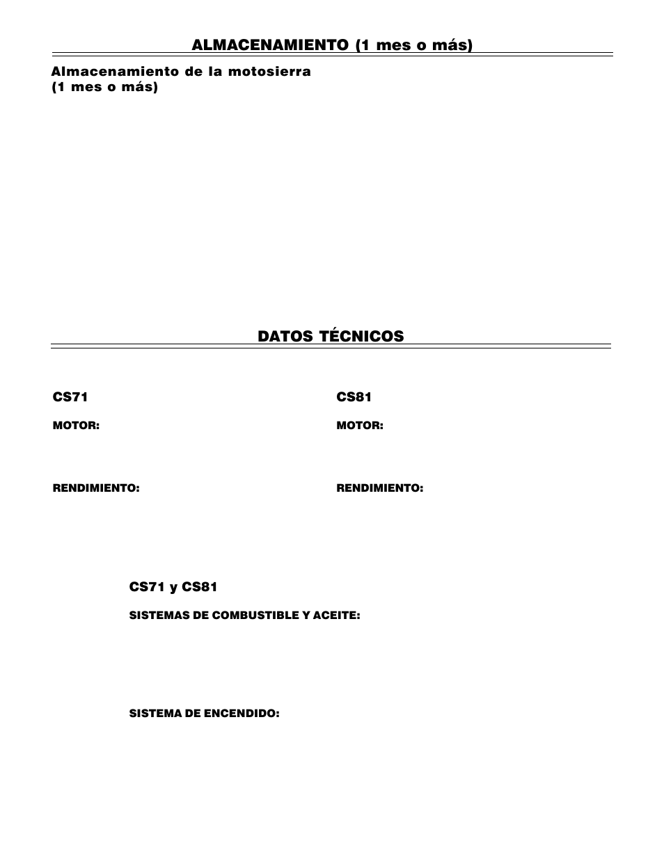 Almacenamiento (1 mes o más), Datos técnicos, Almacenamiento de la motosierra (1 mes o más) | Cs71, Cs81, Cs71 y cs81 | John Deere PA01186 CS71 User Manual | Page 86 / 92