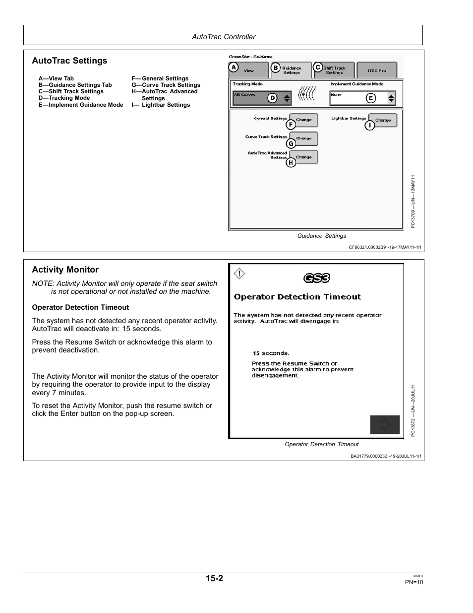 Activity monitor, Autotrac settings | John Deere AUTOTRAC OMPFP11320 User Manual | Page 10 / 72