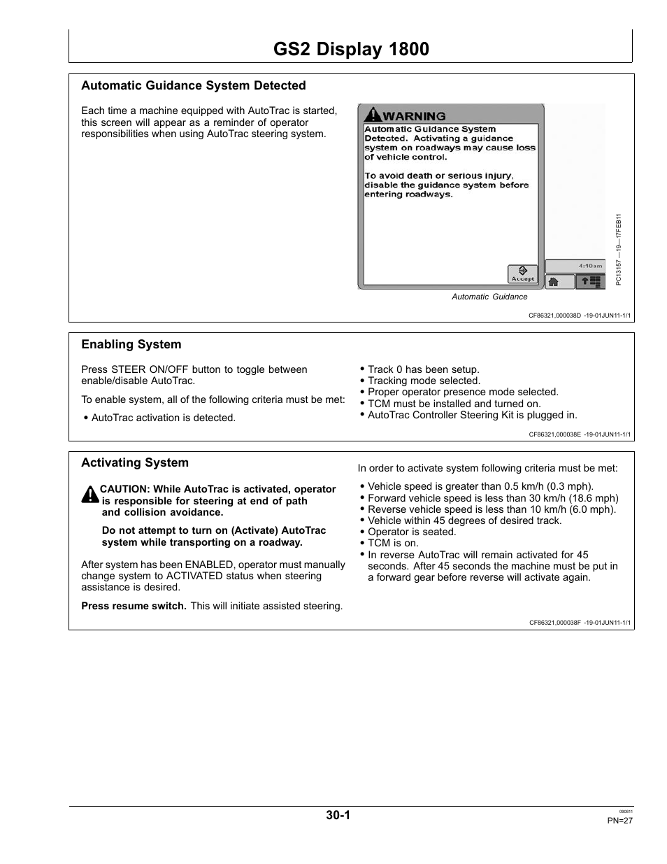 Gs2 display 1800, Automatic guidance system detected, Enabling system | Activating system, Section 30 | John Deere AUTOTRAC OMPFP11320 User Manual | Page 27 / 72