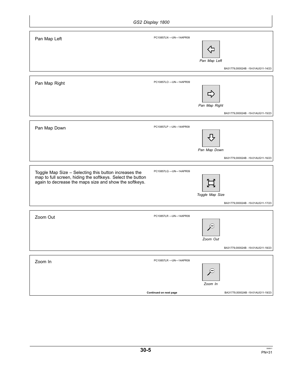 Pan map left, Pan map right, Pan map down | Zoom out, Zoom in | John Deere AUTOTRAC OMPFP11320 User Manual | Page 31 / 72