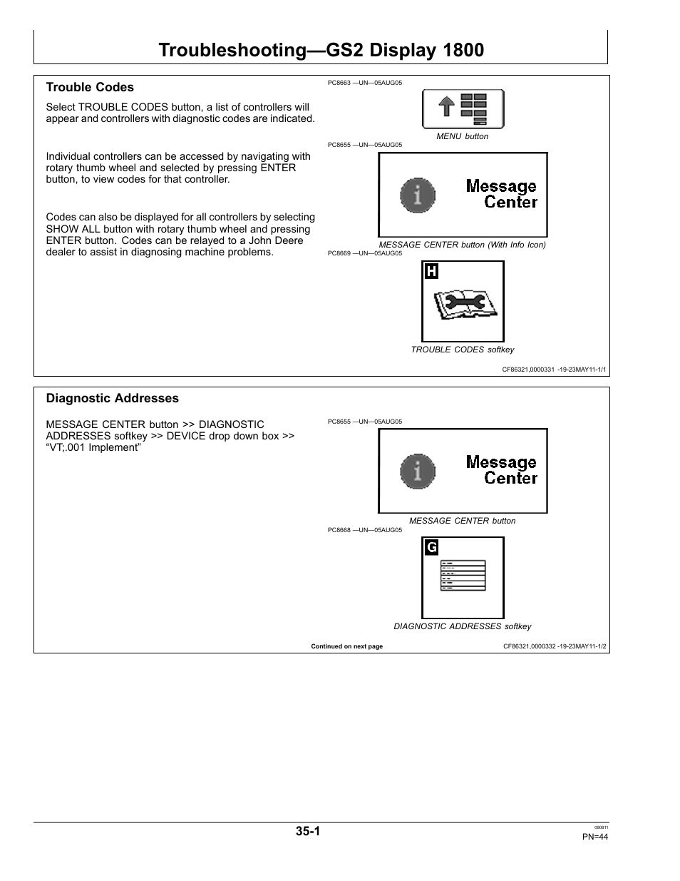 Troubleshooting—gs2 display 1800, Trouble codes, Diagnostic addresses | Section 35 | John Deere AUTOTRAC OMPFP11320 User Manual | Page 44 / 72