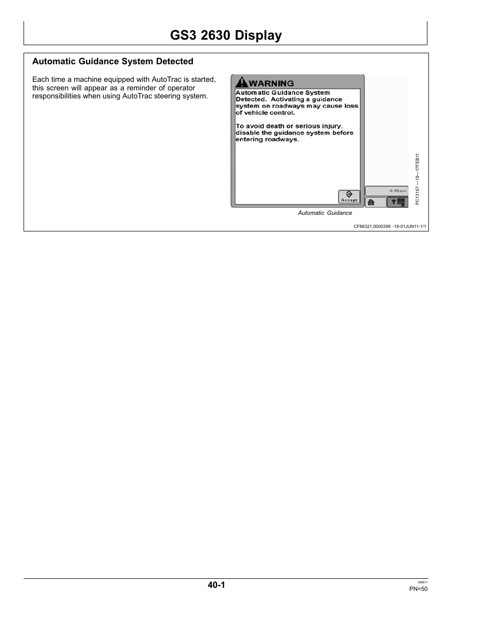Gs3 2630 display, Automatic guidance system detected, Enabling system | Section 40 | John Deere AUTOTRAC OMPFP11320 User Manual | Page 50 / 72