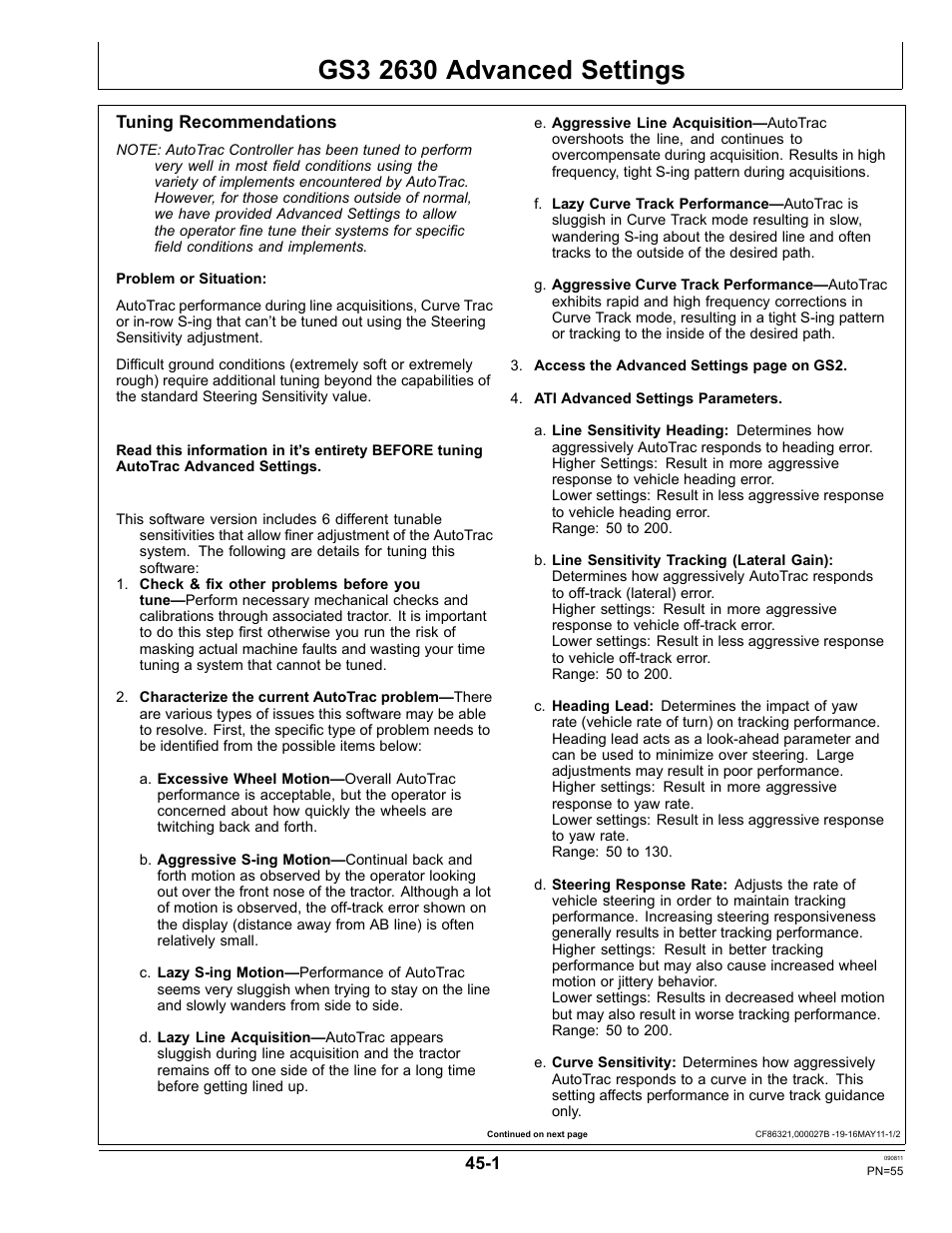 Gs3 2630 advanced settings, Tuning recommendations, Section 45 | John Deere AUTOTRAC OMPFP11320 User Manual | Page 55 / 72