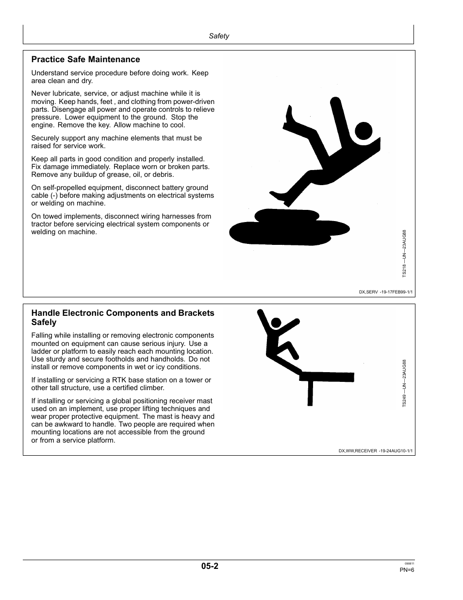 Handle electronic components and brackets safely, Use seat belt properly, Practice safe maintenance | John Deere AUTOTRAC OMPFP11320 User Manual | Page 6 / 72