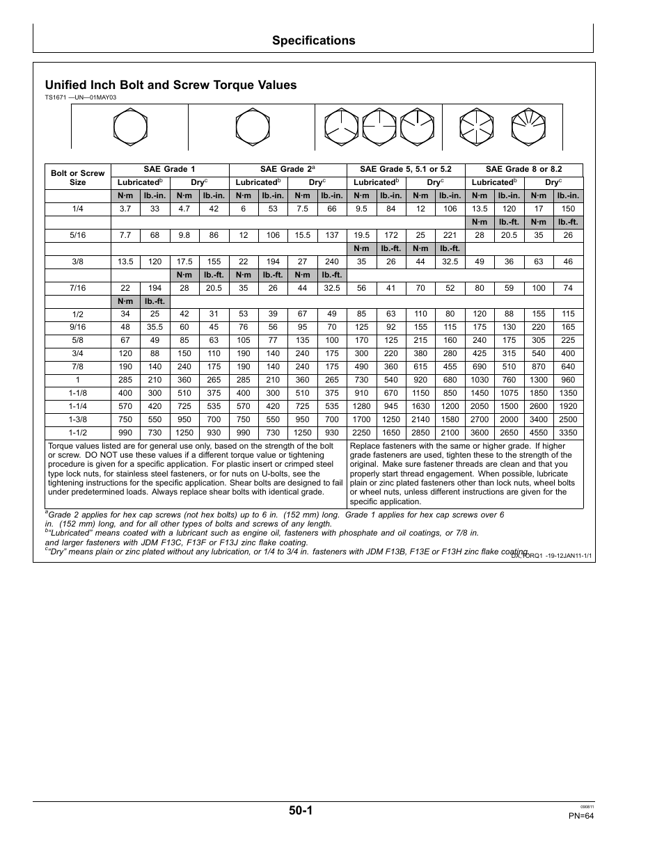Specifications, Unified inch bolt and screw torque values, Metric bolt and screw torque values | Section 50 | John Deere AUTOTRAC OMPFP11320 User Manual | Page 64 / 72