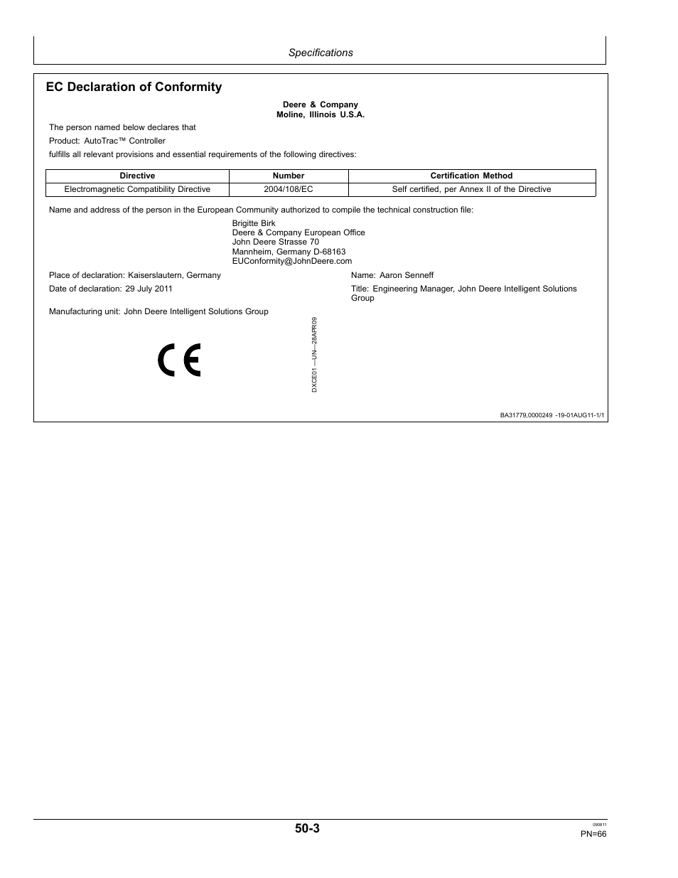 Ec declaration of conformity | John Deere AUTOTRAC OMPFP11320 User Manual | Page 66 / 72