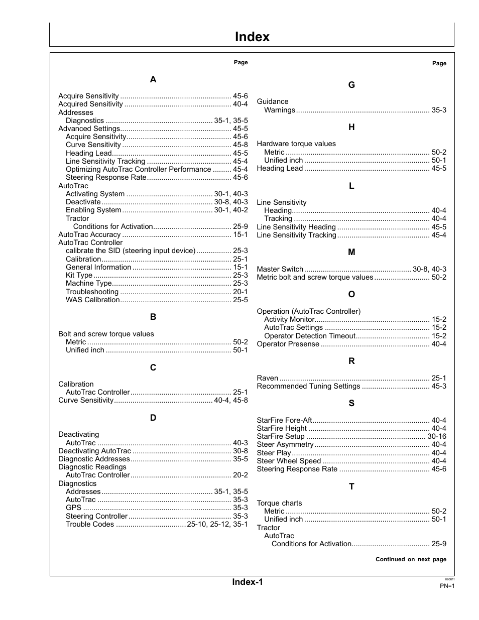 Index | John Deere AUTOTRAC OMPFP11320 User Manual | Page 67 / 72