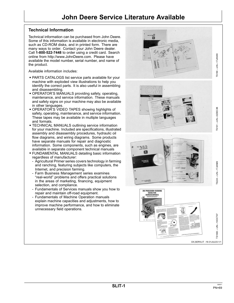 John deere service literature available, Technical information, Slit-1 | John Deere AUTOTRAC OMPFP11320 User Manual | Page 69 / 72