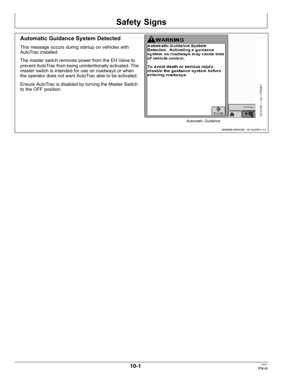 Safety signs, Automatic guidance system detected, Section 10 | John Deere AUTOTRAC OMPFP11320 User Manual | Page 8 / 72