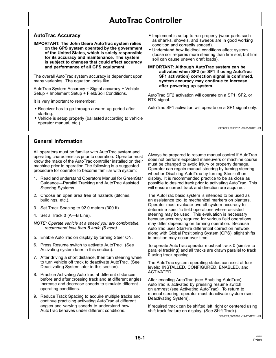 Autotrac controller, Autotrac accuracy, General information | Autotrac settings, Section 15 | John Deere AUTOTRAC OMPFP11320 User Manual | Page 9 / 72