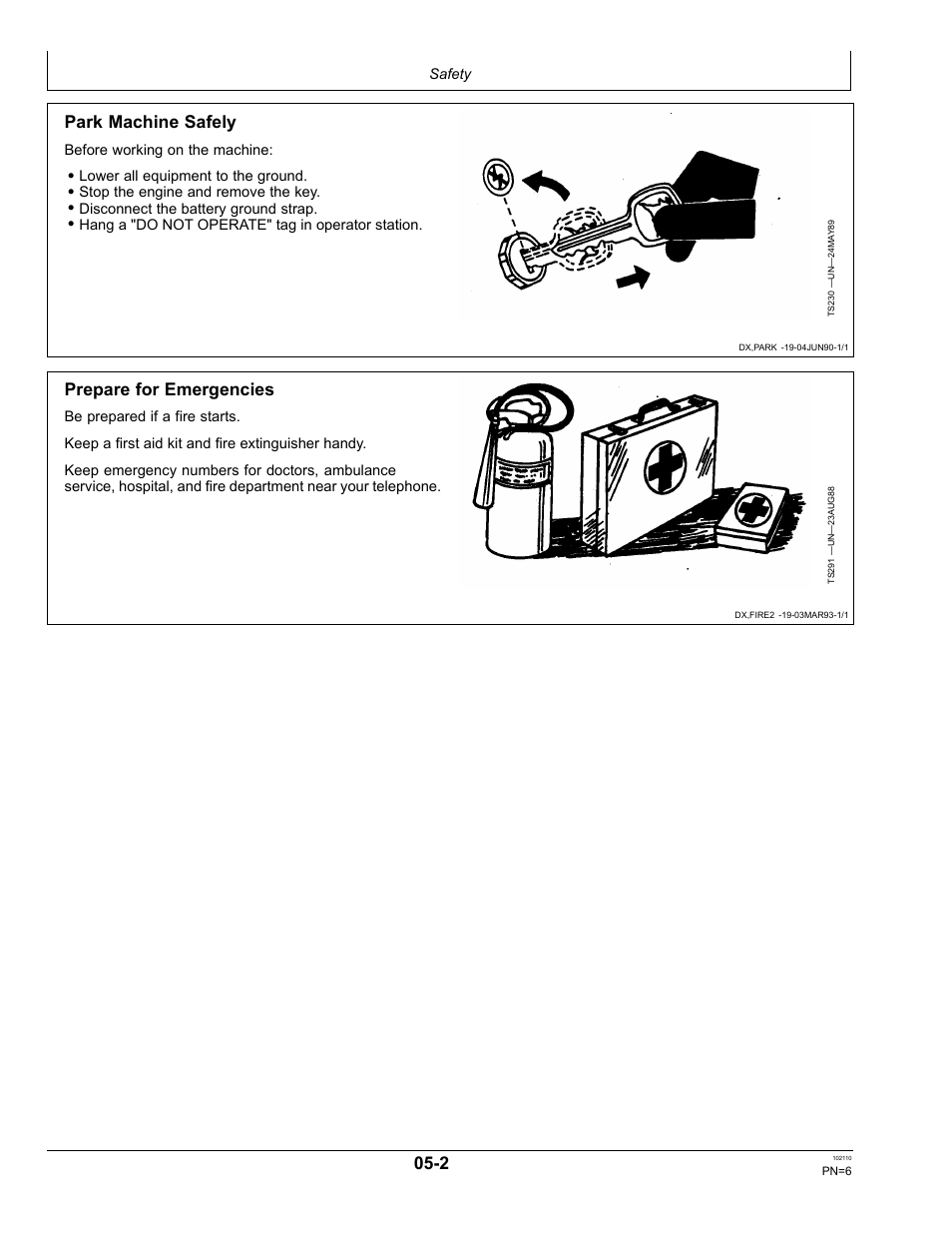 Prepare for emergencies, Practice safe maintenance, Park machine safely | John Deere OMPFP10808 User Manual | Page 6 / 52