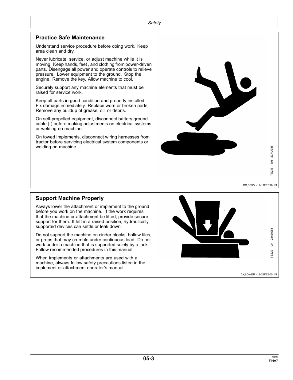 Support machine properly, Keep riders off machine, Practice safe maintenance | John Deere OMPFP10808 User Manual | Page 7 / 52