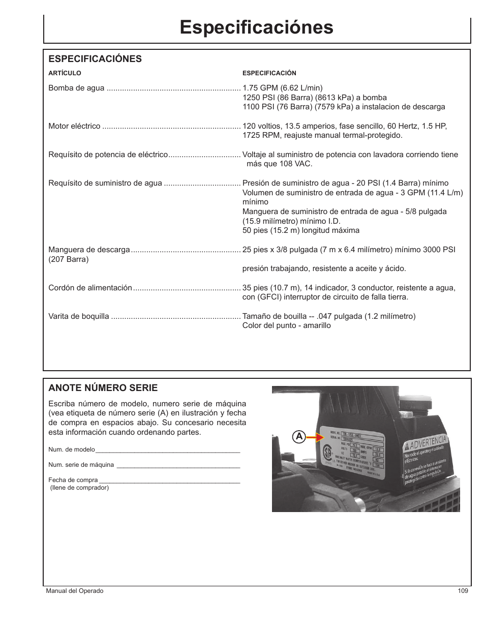 Especiﬁcaciónes | John Deere HR1250E1 User Manual | Page 109 / 116