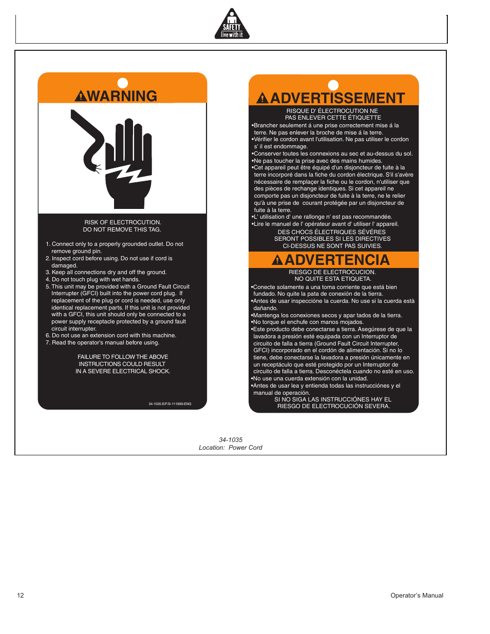 Warning advertissement, Advertencia | John Deere HR1250E1 User Manual | Page 12 / 116