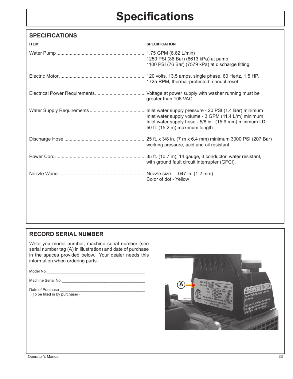 Speciﬁcations | John Deere HR1250E1 User Manual | Page 33 / 116