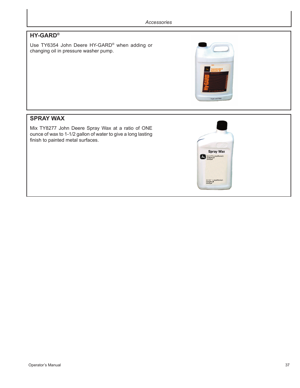 Hy-gard, Spray wax | John Deere HR1250E1 User Manual | Page 37 / 116