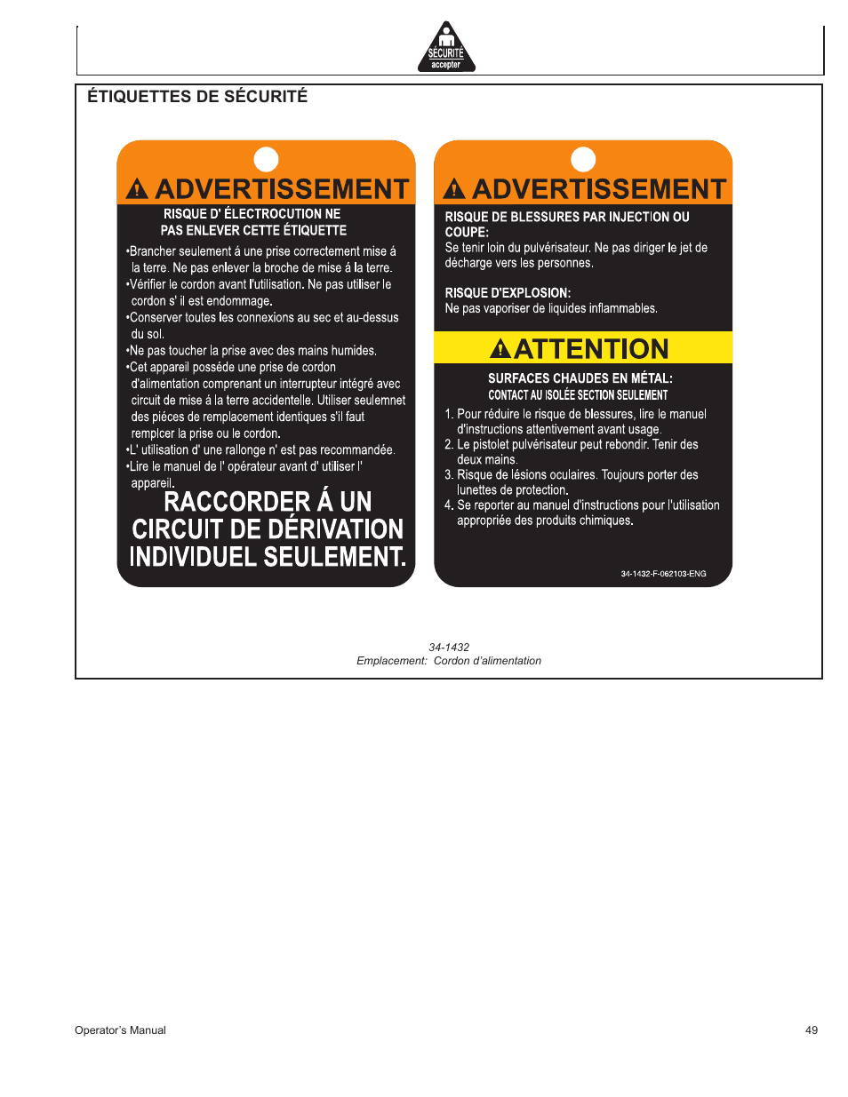 Étiquettes de sécurité | John Deere HR1250E1 User Manual | Page 49 / 116