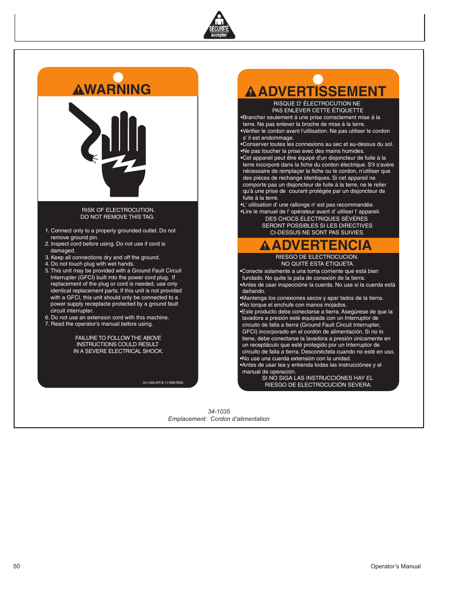 Warning advertissement, Advertencia | John Deere HR1250E1 User Manual | Page 50 / 116